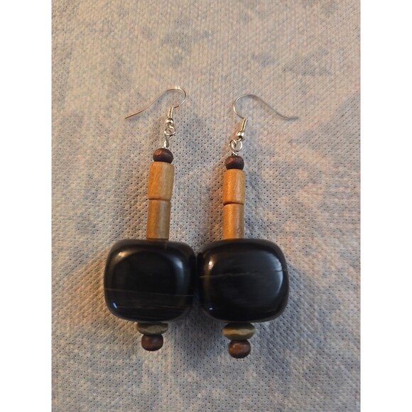 Vintage Wooden Bead Dangle Drop Earrings - Picture 1 of 6